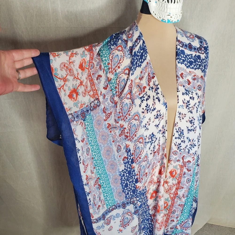 ♧ Open Patchwork Wrap with Tassels Blue Orange Teal & Cream One Size Viscose